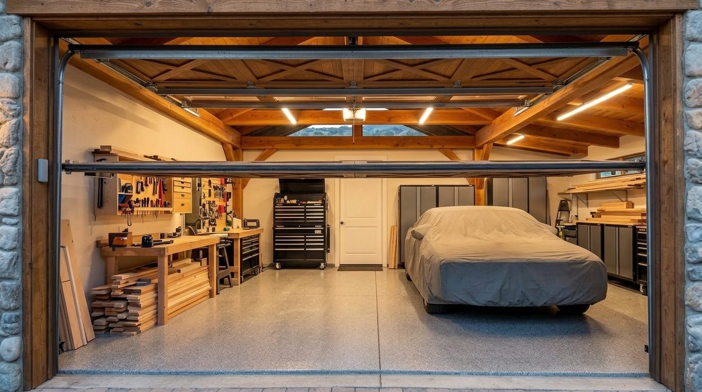 Mason Garage Door Services Interior View of Custom Garage Door Overhead and Workshop